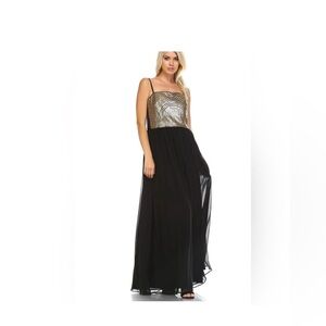 SLNY Gold Sequin Bodice Black Chiffon Maxi Dress